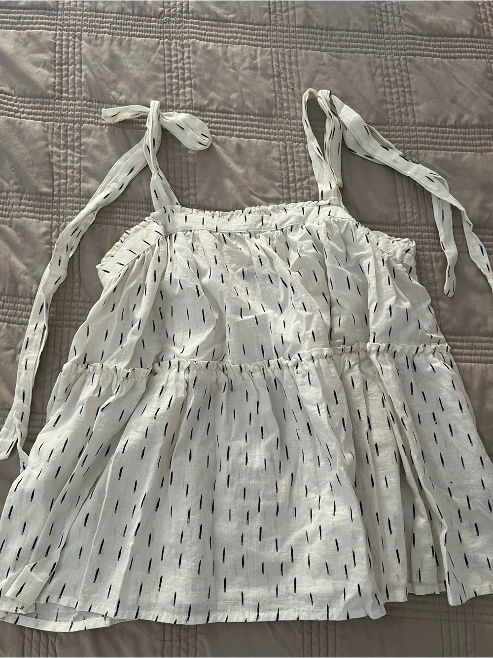 Universal Thread White Tie-Shoulder Tiered Tank with Blue Dash Print